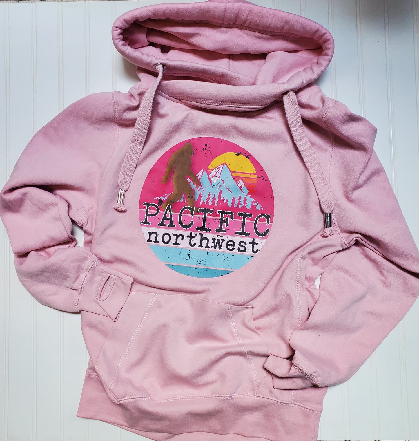 Sunset with Bigfoot PNW Pink Cross Neck