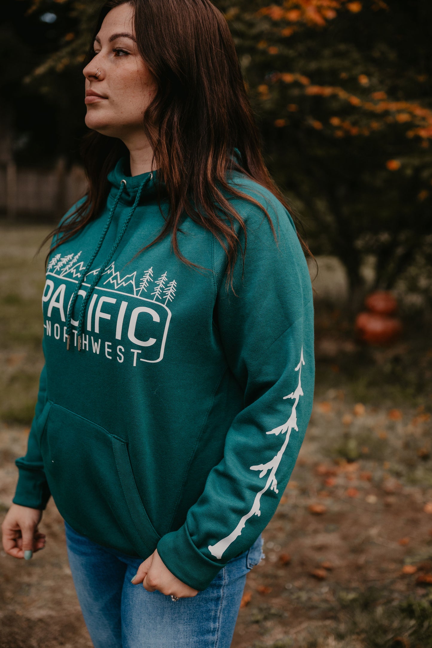 Ladies scuba neck PNW Alpine Green Hoodie