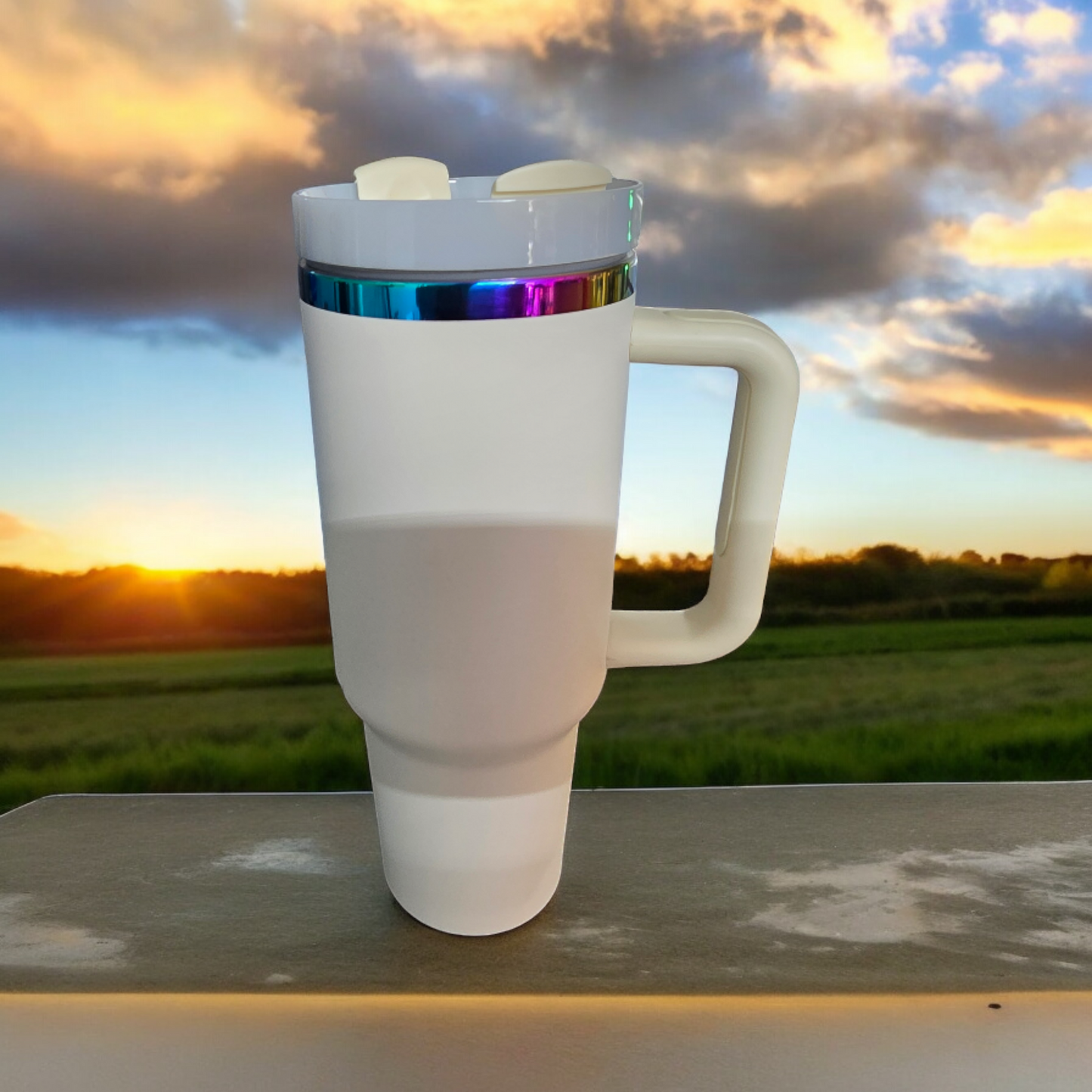 Powder Coated Rainbow Plated 40 Ounce Travel Mug With Handle