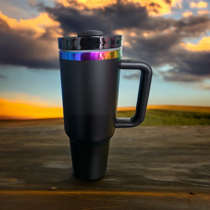 Powder Coated Rainbow Plated 40 Ounce Travel Mug With Handle