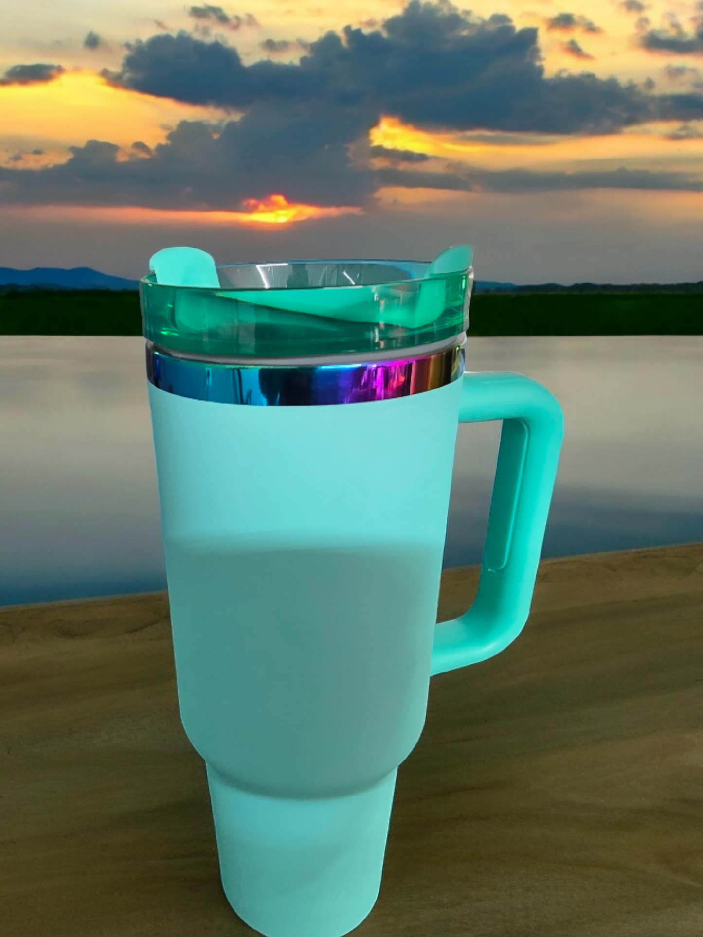 Powder Coated Rainbow Plated 40 Ounce Travel Mug With Handle