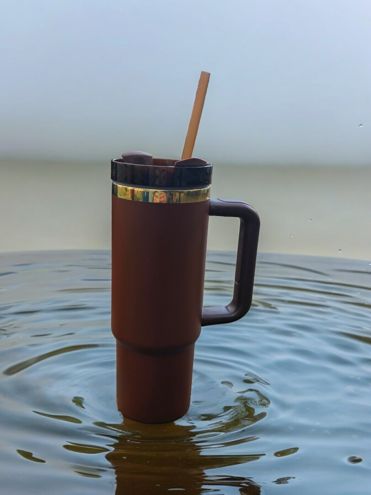 Chocolate Powder Coated Gold Plated Travel Mug With Handle