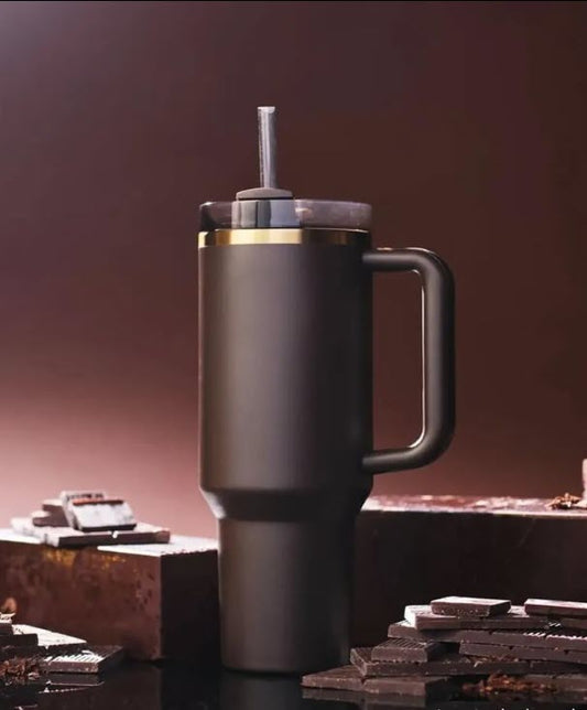 Chocolate Powder Coated Gold Plated Travel Mug With Handle
