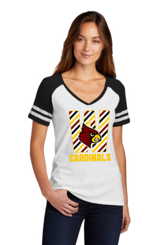 Winlock Cardinals Striped Ladies V-Neck Tee