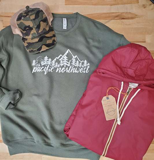 Military Green Pacific Northwest Bigfoot Crewneck Sweatshirt