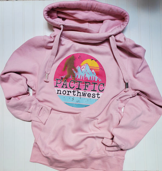 Sunset with Bigfoot PNW Pink Cross Neck